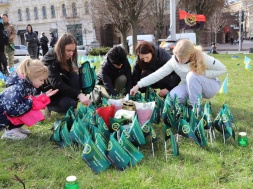 Киев. Родственники в честь погибших засаживают городские клумбы флажками