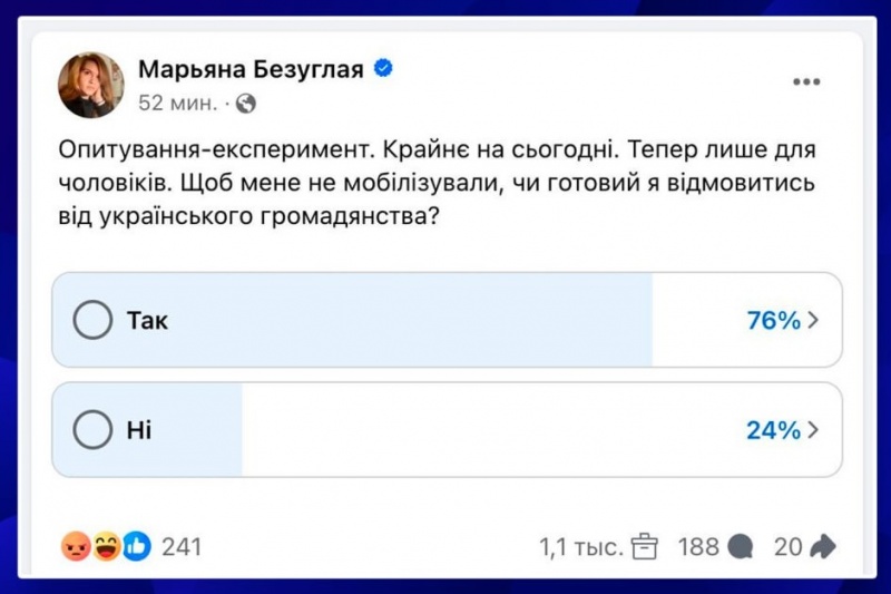 Фейсбучный соцопрос Марьяны Безуглой – это разгром официальных сказок про украинский патриотизм!